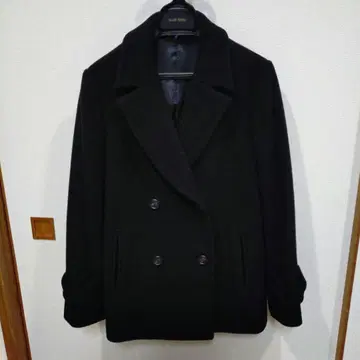 자유구 울 혼방 블랙 더블 브레스트 피코트 사이즈 38(M)