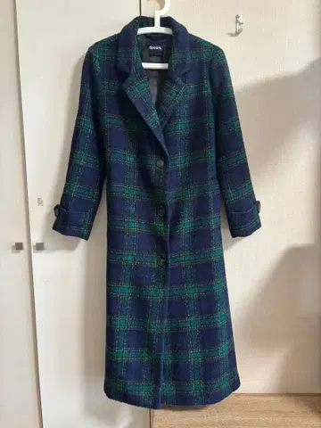 Spoom 네이비 그린 체크 롱 코트