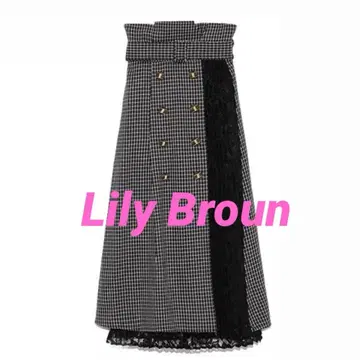 릴리 브라운 벨트 포함 체크 무늬 레이스 롱 스커트