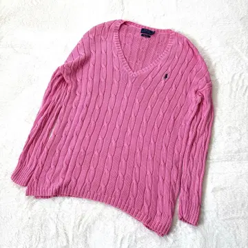 폴로 랄프로렌 V넥 케이블 니트 스웨터 피마 코튼 핑크