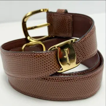 페라가모 벨트 바라리본 가죽 골드 금장 장식 브라운
