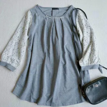 VIVER 레이스 슬리브 티셔츠 튜닉 펄풍 장식 페미닌 M