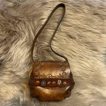 70s 빈티지 히피 백 천연 가죽 꽃무늬 페인트