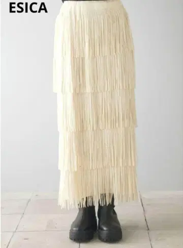 새상품 ESICA 롱 스커트 프린지 허리밴딩 아이보리