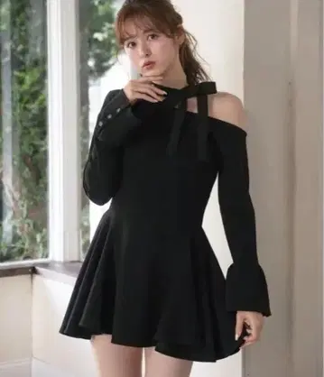 fupel 원숄더 넥 리본 분또 미니 원피스