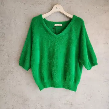 택 포함 코코딜 포근한 헤어리 니트 5부 소매 그린2