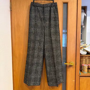 월드 울 혼방 블랙 계열 체크 와이드 팬츠