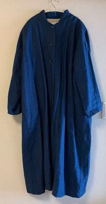 08mab 네이비 데님 린넨 롱 코트 버튼 포함