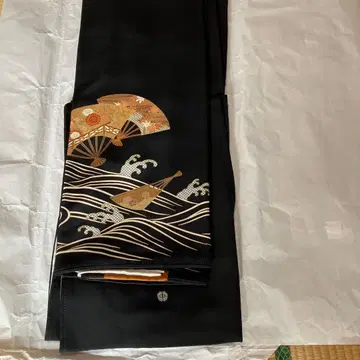 블랙 전통 예복 기모노 부채 파도 무늬 실크 클리닝 완료