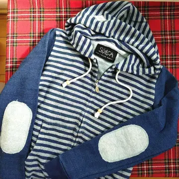 [ Ron Herman ] 보더 x 무지 엘보 패치 인디고 염색 후드티