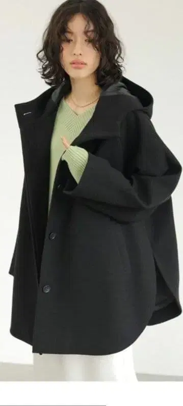 LEPSIM 울리테크 후드 판초 코트 블랙