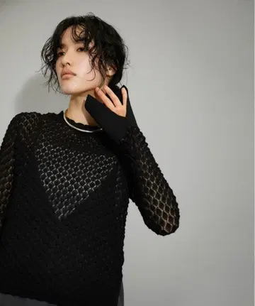 블랙 메쉬 편직 긴팔 니트탑