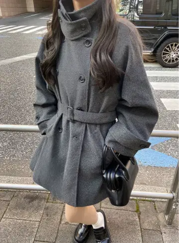 블랙 울 혼방 더블 브레스트 코트