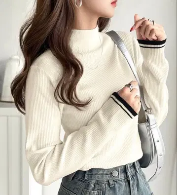 [ 클래식 엘프 ] W 배색 하이넥 리브 니트