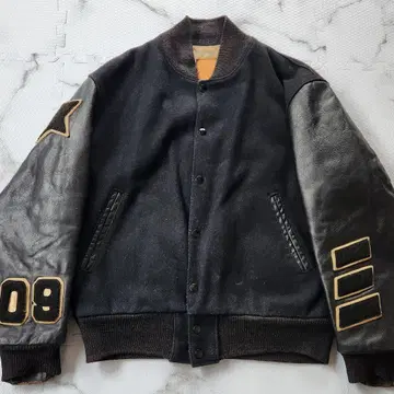 구하기 어려움 골든 베어 빈티지 바시티 자켓 풀 데코 천연 가죽