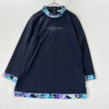 레오나르 긴팔 튜닉 꽃무늬 트리밍 큐빅 네이비