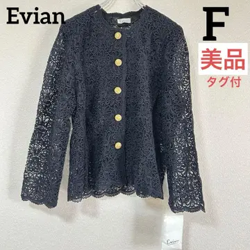 Evian 택 포함 네이비 레이스 노카라 자켓 플라워 무늬 비침