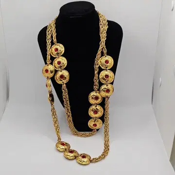 빈티지 2연 목걸이 코인 모티브 빨간색 스톤 골드