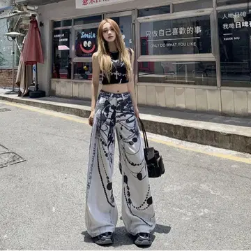 그래픽 프린트 와이드 팬츠 y2k 여성용 데님 데님 팬츠