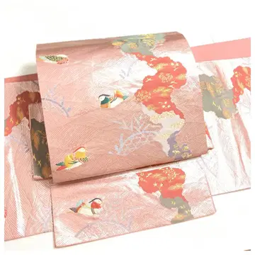 새상품급 순수 실크 락 오비 핑크 원앙 이부식 이중 북 츠쿠리 오비