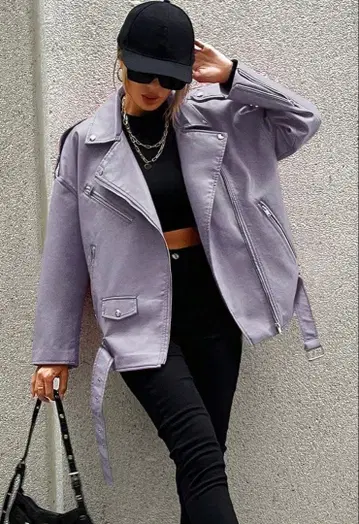 연보라색 합성 피혁 라이더 자켓