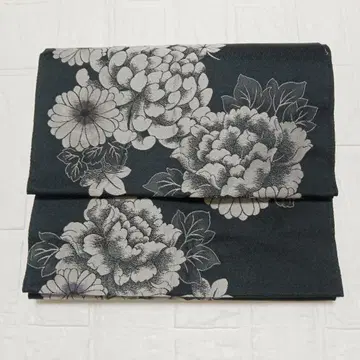 블랙 베이스 은색 꽃무늬 후쿠로 오비