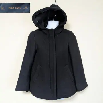 ZARA BASIC 블랙 후드 울 하프 코트 여성용 자라