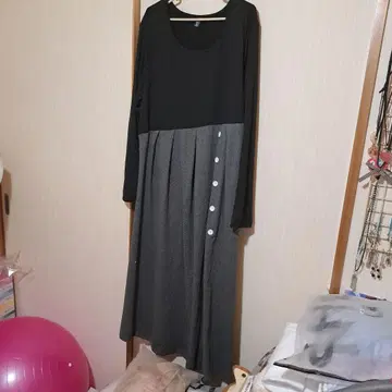 블랙 그레이 버튼 롱 원피스