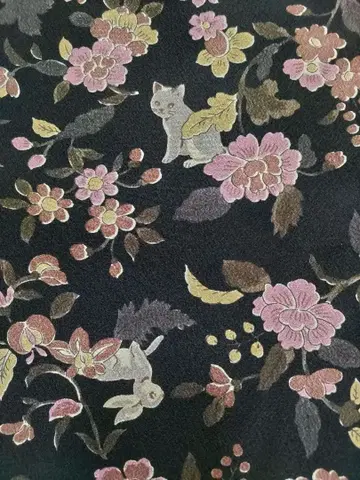 [부소안] 고양이 코몬 이중 기모노 꽃과 동물 무늬 핑크 안감