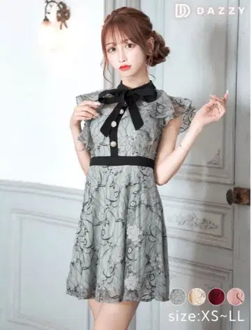 DAZZY 넥 리본 플라워 전체 레이스 프릴 A라인 미니 드레스 블루 S