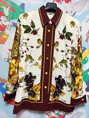 레트로 블라우스 셔츠 후르츠 패턴 셔츠 보타니컬 폴리 셔츠 쇼와 레트로