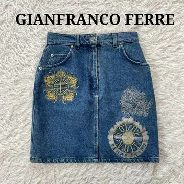 GIANFRANCO FERRE 페레 데님 스커트 자수 금속 플레이트