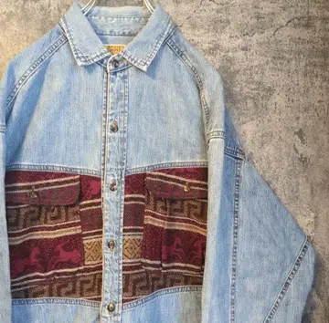 멋진 디자인 기하학 패턴 울 절개 데님 셔츠 빈티지 90s
