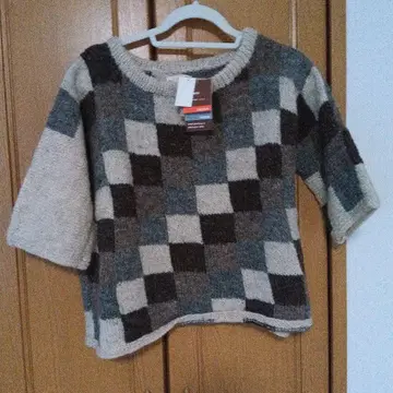 시삼 공방 체크 무늬 니트 오부 소매 그레이 계열