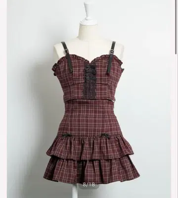 pium  프론트 리본 뷔스티에 세트 레드 체크