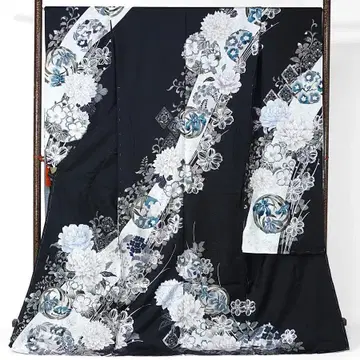 후리소데 미재단 가리에바 블랙 화이트 모란 금실 자수 은채 성인식