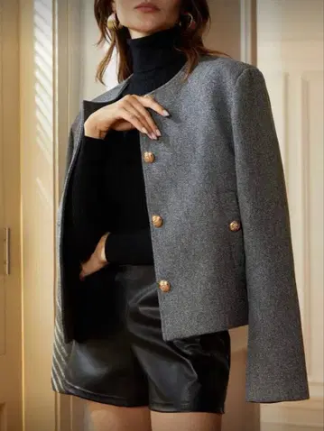 빈티지 스타일 골드 버튼 V넥 긴팔 여성용 자켓