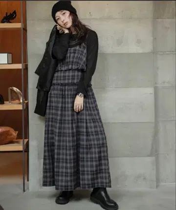 AMELY 프릴 개더 체크 무늬 원피스