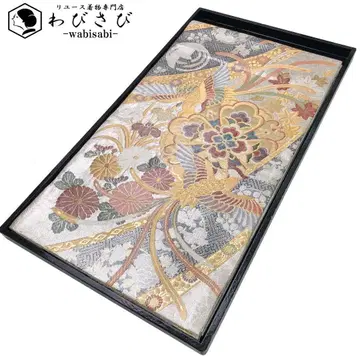 후쿠로 오비 전통박 양면직 유봉 봉황과 꽃무늬 사영형 은색 O-5622