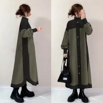 바이컬러 보틀넥 원피스 롱 기장 성숙 캐주얼 블랙 카키