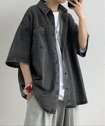 원 포인트 빅 실루엣 반팔 워시 데님 셔츠 자켓