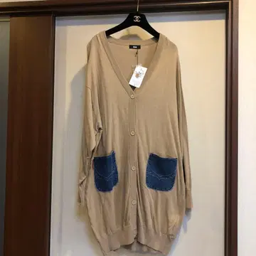 베이지 가디건 데님 포켓 부착