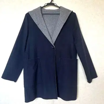 리버서블 후드 부착 롱 코트 네이비, 그레이