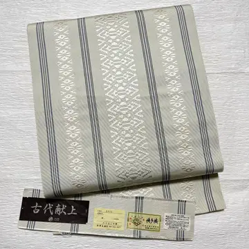 치쿠젠 원조 하카타오리 나고야 오비 순수 실크 증서 포함 그레이 계열