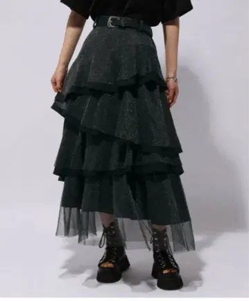 HARE 라메 시어 믹스 캉캉 스커트 블랙 모드 블랙