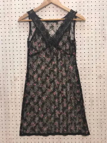 다크 코켓 컨트리 구제 의류 꽃무늬 프린트 메쉬 레이스 슬리브리스 원피스