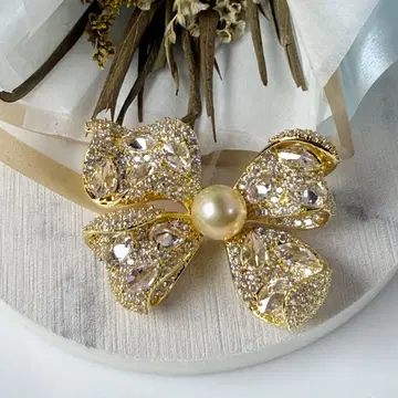 리본형 브로치 크리스탈 펄