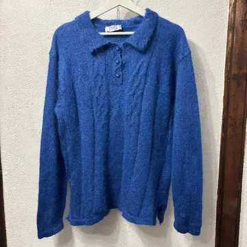 이탈리아제 구제 모헤어 풀오버 파란색 폴로 셔츠 스타일 긴팔 니트