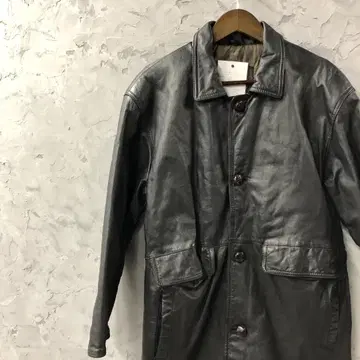 90s 카우 가죽 자켓 블랙 가죽 롱 기장 빈티지