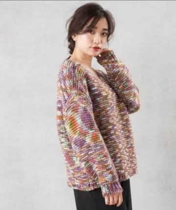 Discoat 니트 긴팔 스웨터 오버 사이즈 모자이크 컬러풀 귀여운